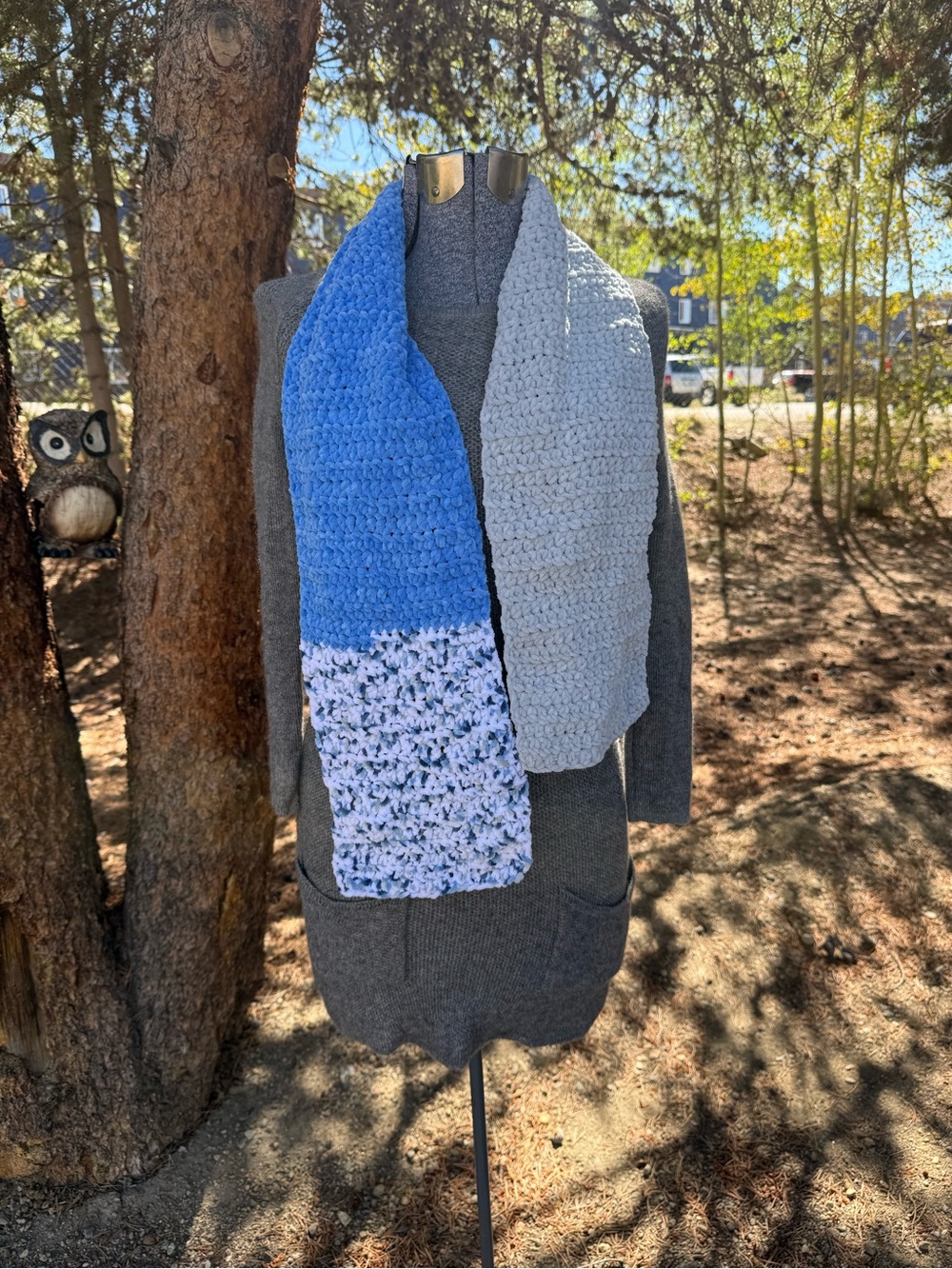 Handcrafted Blue and Light Gray Women's Crochet Scarf
